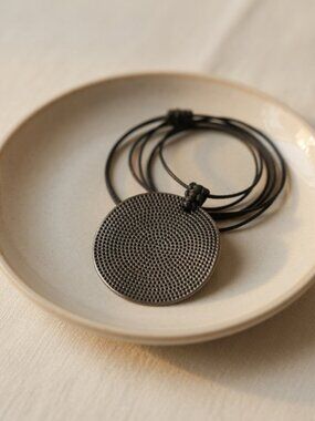 Black & Silver Textured Disc Pendant Necklace | Adjustable Statement Necklace